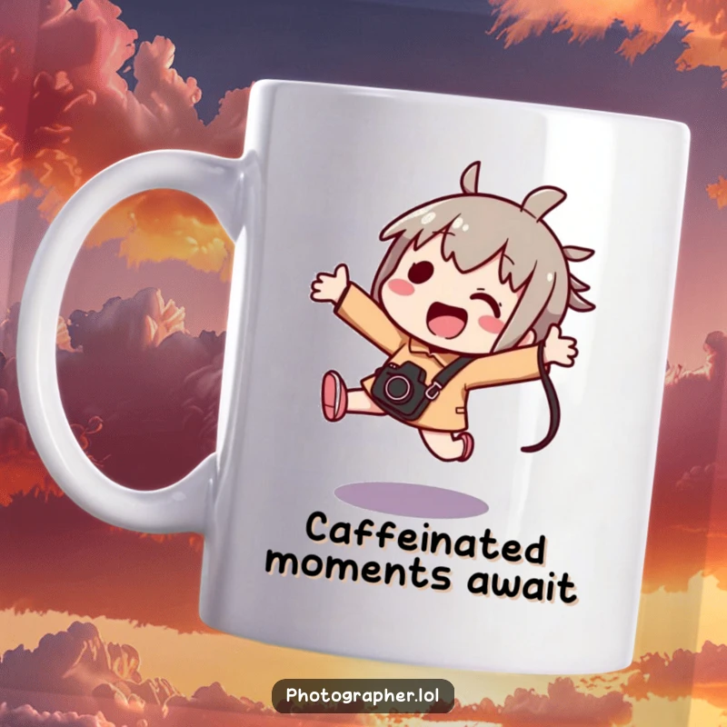 Funny kawaii character mug, excitedly jumping with a camera bag, embodying the thrill of photography adventures.