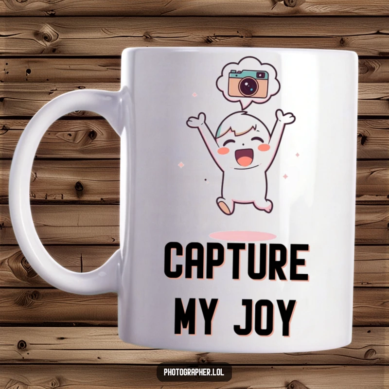 Funny Mug: An adorable character leaps joyfully in the air, a camera icon floats in their excited thought bubble.