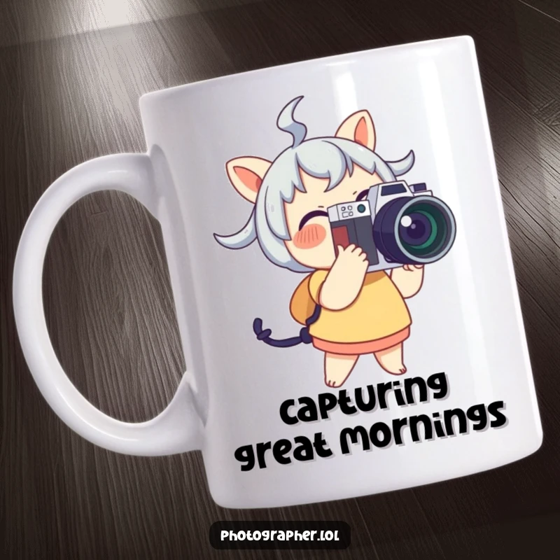 Funny Mug showcasing a cute character beaming with joy while holding a large camera with its flash ready to capture moments.