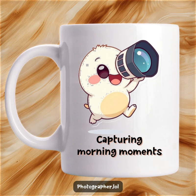 Funny mug showing a tiny, round creature mid-leap, holding a large camera up to its eye with pure, happy concentration.