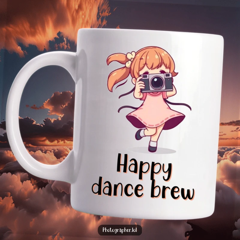 Funny dancing photographer mug showing a character joyfully twirling with a vintage camera, radiating pure happiness.