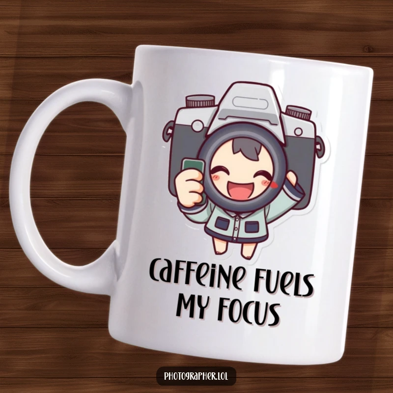 Funny mug showcasing an enthusiastic character pressing a camera shutter with a big happy grin, celebrating photography joy.