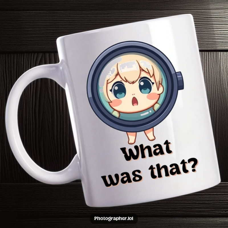 Funny Mug showing a surprised character peeking out from behind a massive camera lens, capturing a moment of playful discovery.