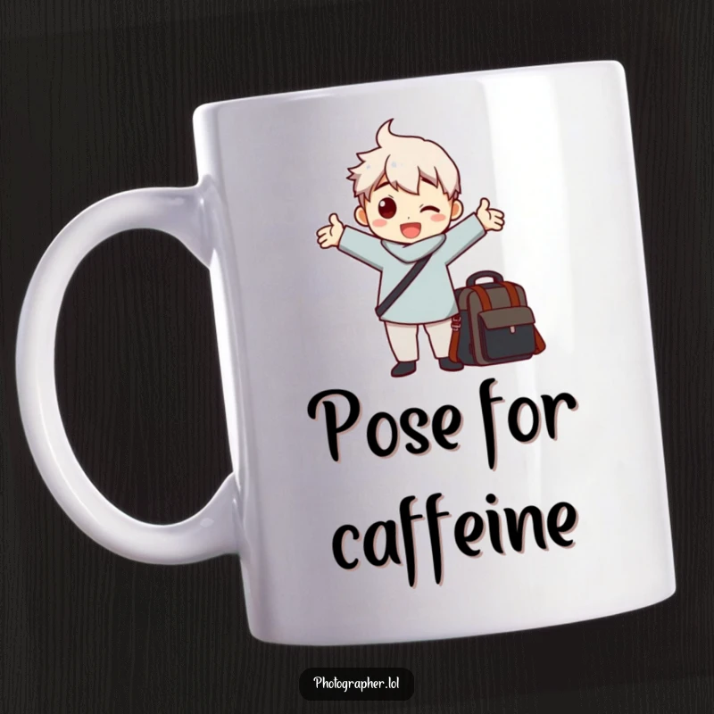 Funny mug of a character striking a comical pose with arms outstretched next to a camera bag, celebrating photography.