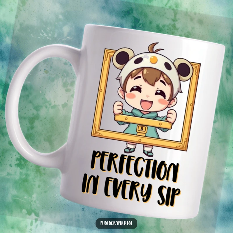 Funny mug featuring a proud character beaming while showcasing a perfectly framed photograph, celebrating photographic achievement.