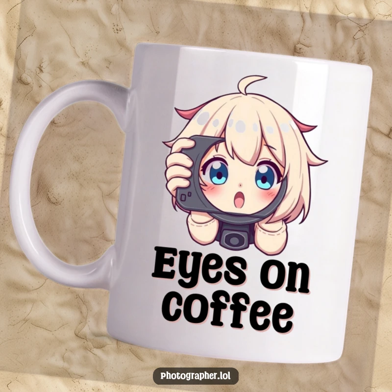 Funny mug of a character excitedly framing a shot, peeking through a viewfinder with wide eyes, celebrating photography.