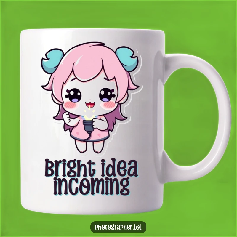Ignite your day with brilliance! This mug features a playful character holding a sparkling flash bulb, symbolizing bright ideas and dazzling moments.