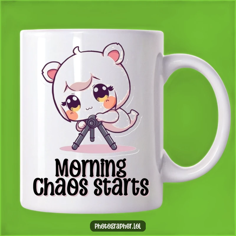 Funny Tripped Up Photographer Mug: Tiny Character Tumbles with Tripod, Perfect Funny Gift!