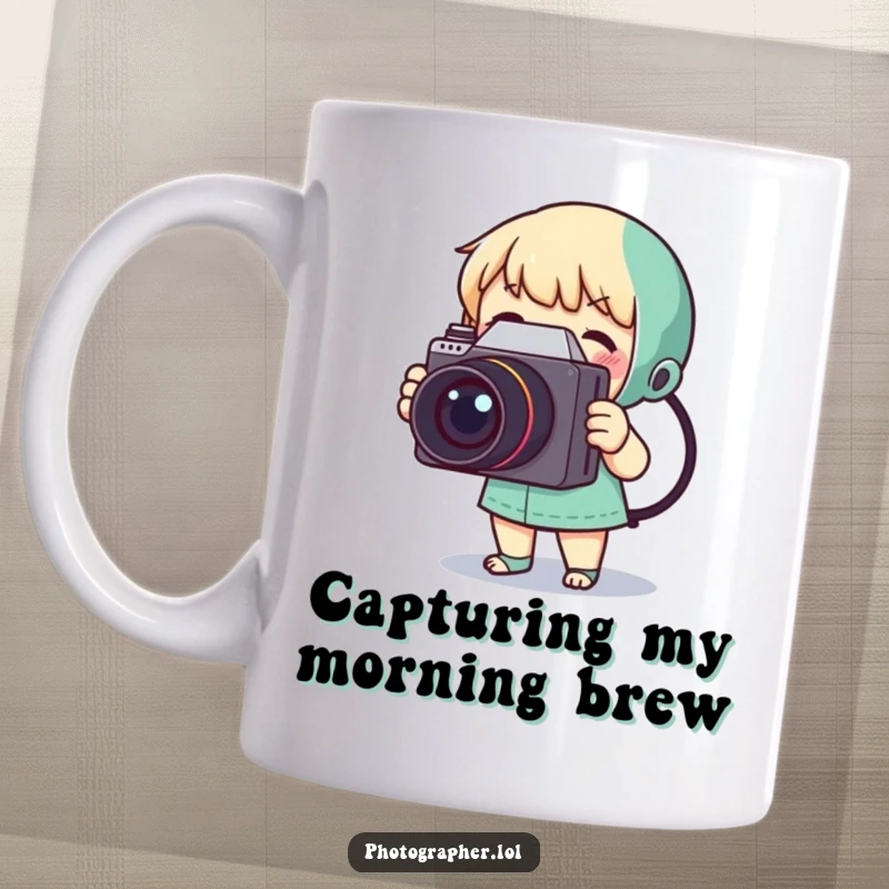 Funny mug showing a tiny character excitedly taking a photo with a large, vintage camera for photography lovers.