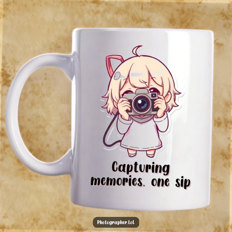 Funny mug with a character joyfully taking a picture using a retro vintage camera, perfect for photo lovers.