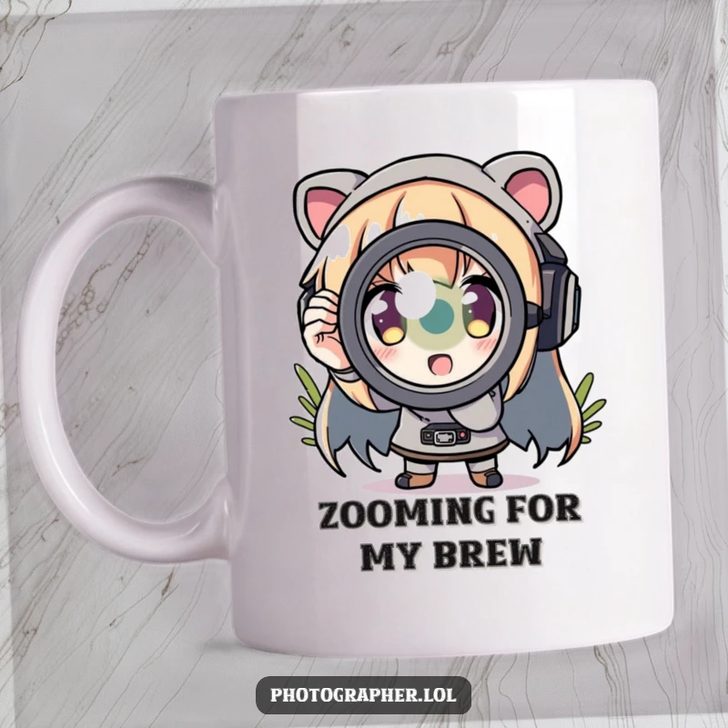 Funny mug featuring a character zooming in with a comically exaggerated lens, capturing the moment.