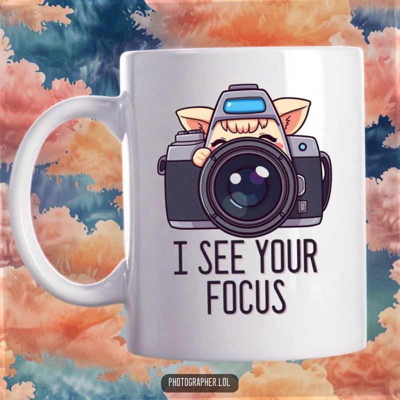 Funny mug showing a playful character peeking out from behind a large camera and giving a cheeky wink, perfect for photo lovers.