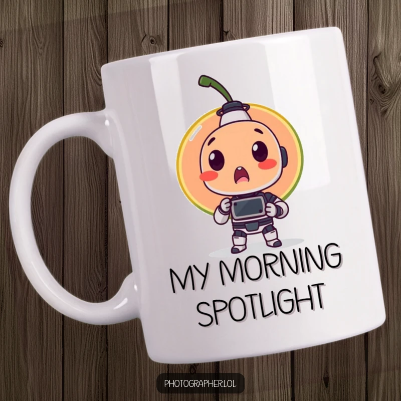 Funny mug depicting a startled piece of fruit being photographed by a tiny, curious robot with a lens, capturing a moment of surprise.