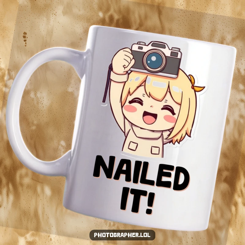 Funny photographer mug, a smiling character holding a camera triumphantly above their head, celebrating a great photo.