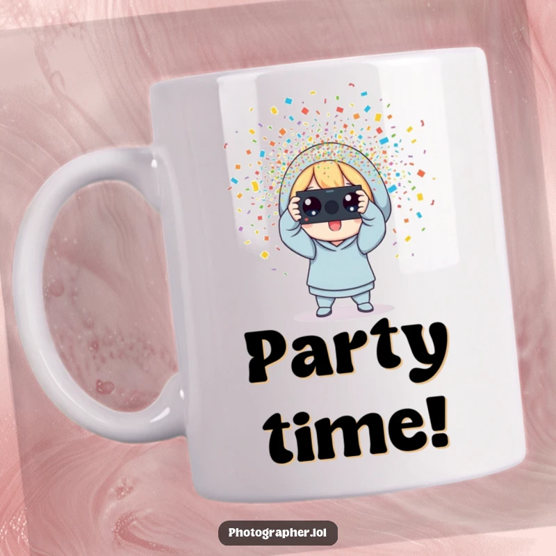 Funny photographer mug, a character snapping a photo with colorful confetti erupting, celebrating a joyous occasion.