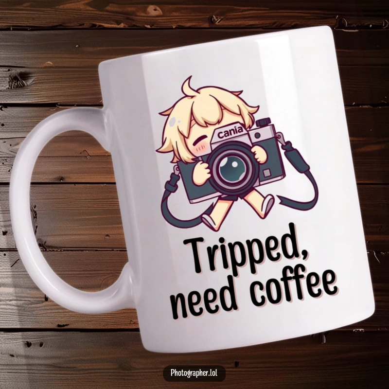 Funny mug featuring a character tripping over a camera strap, flailing arms and legs in a comical way.