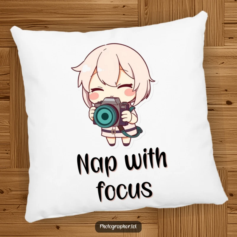 Funny pillow showcasing a smiling character winking while adjusting a camera strap, offering cozy and humorous decor.
