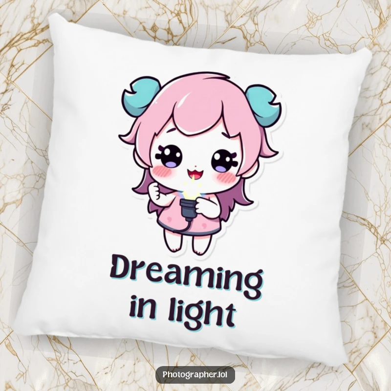 Funny pillow with a character holding a sparkling flash bulb, comfortable and inspiring for creative minds, a great funny gift.