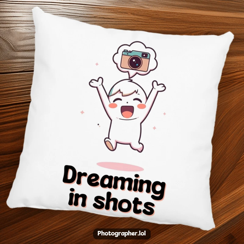 Funny Pillow: An adorable subject jumps for joy, a camera icon prominently displayed in their thought bubble.