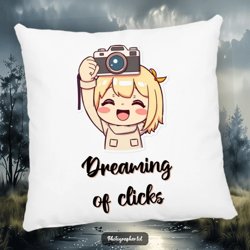 Funny photographer pillow, a smiling character triumphantly holding a camera overhead, adding comfort and humorous celebration.