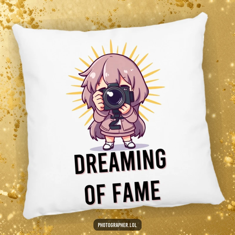 Funny photographer pillow, a character posing dramatically with a camera and a starburst, adding comfort and theatrical humor.