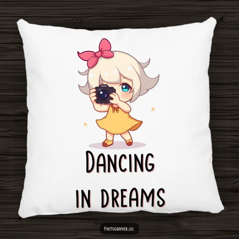Funny pillow of a character dancing with a camera, a happy blur of motion, humorous decor.