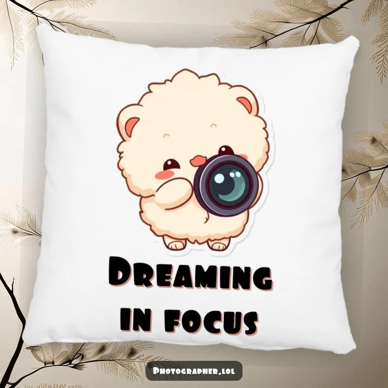 Funny fluffy photographer pillow, soft cushion with a cheerful character snapping a camera, lens cap flying off.