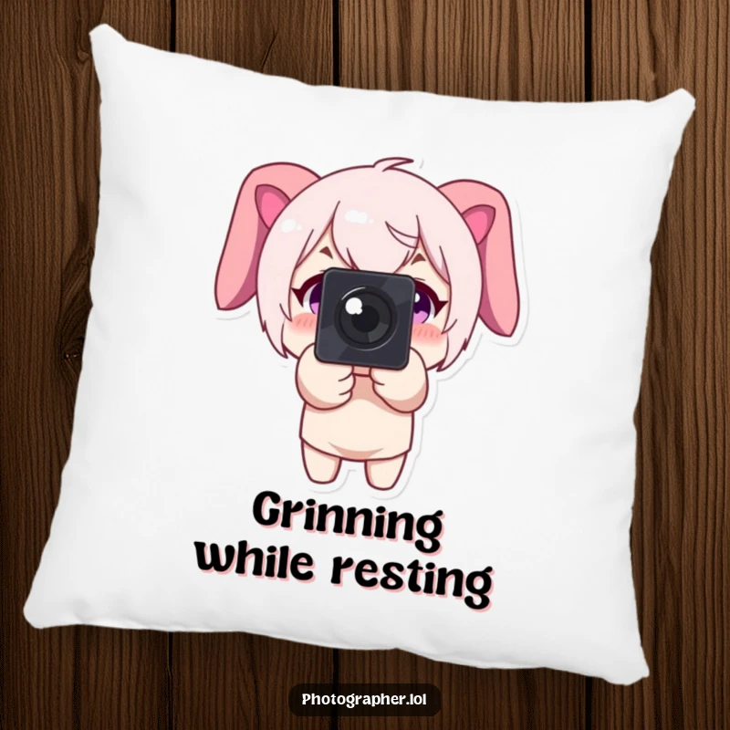 Funny pillow design of a character pointing a camera forward with a big smile, perfect for cozy spaces.