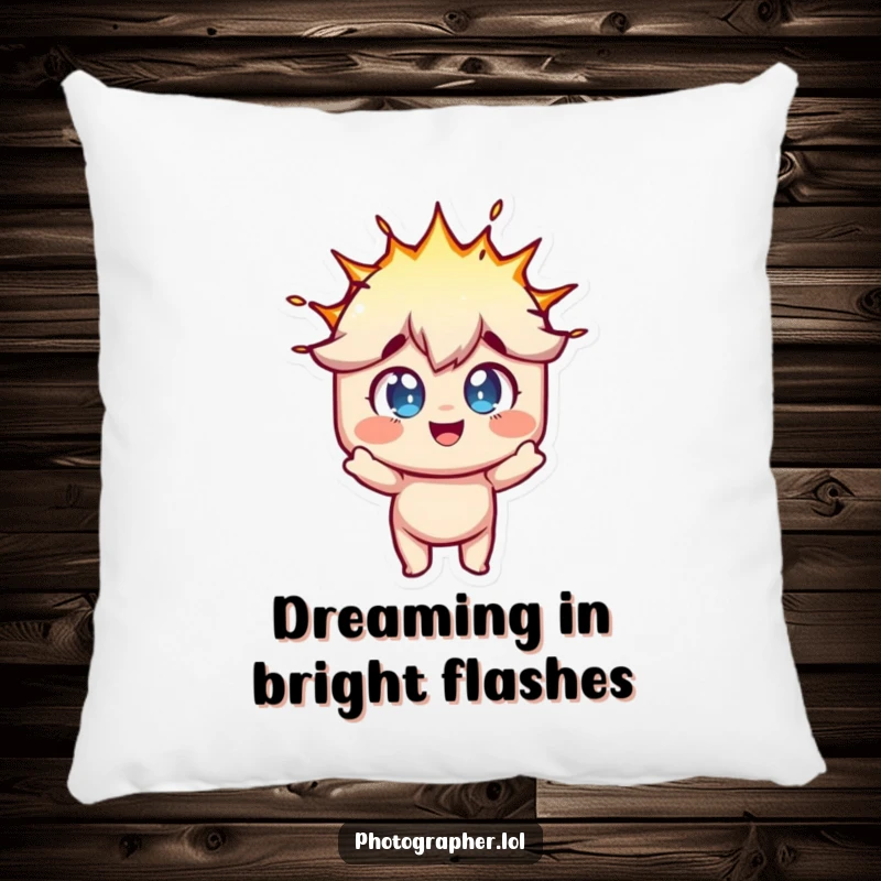 Funny pillow design of a character with wide, fun eyes reacting to a flash bulb explosion, bringing joy.