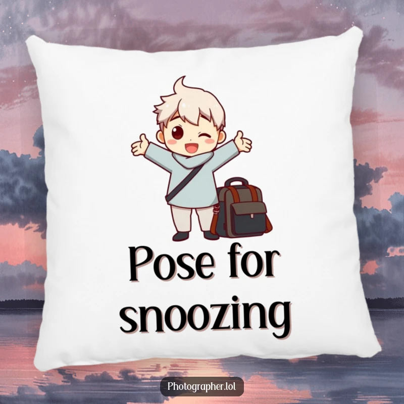 Funny pillow of a character striking a dramatic pose with arms outstretched next to a camera bag, humorous decor.