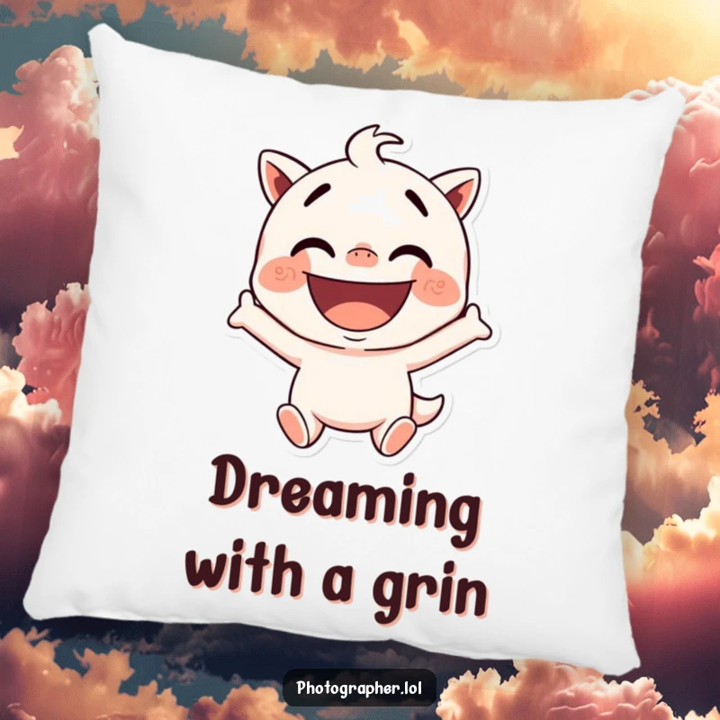 Funny pillow featuring a character striking a silly pose with a wide, excited grin, perfect for adding comfort and humor to any room.