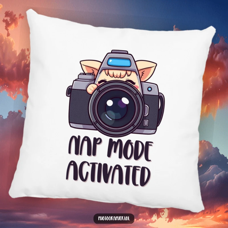 Funny throw pillow with a character peeking from behind a large camera, offering a wink, adding playful humor to any room.