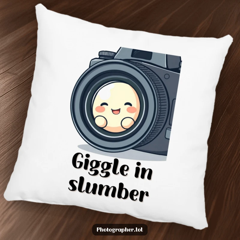 Funny pillow featuring a cute blob character giggling as it peers through a vintage camera lens, adding whimsical and humorous comfort.