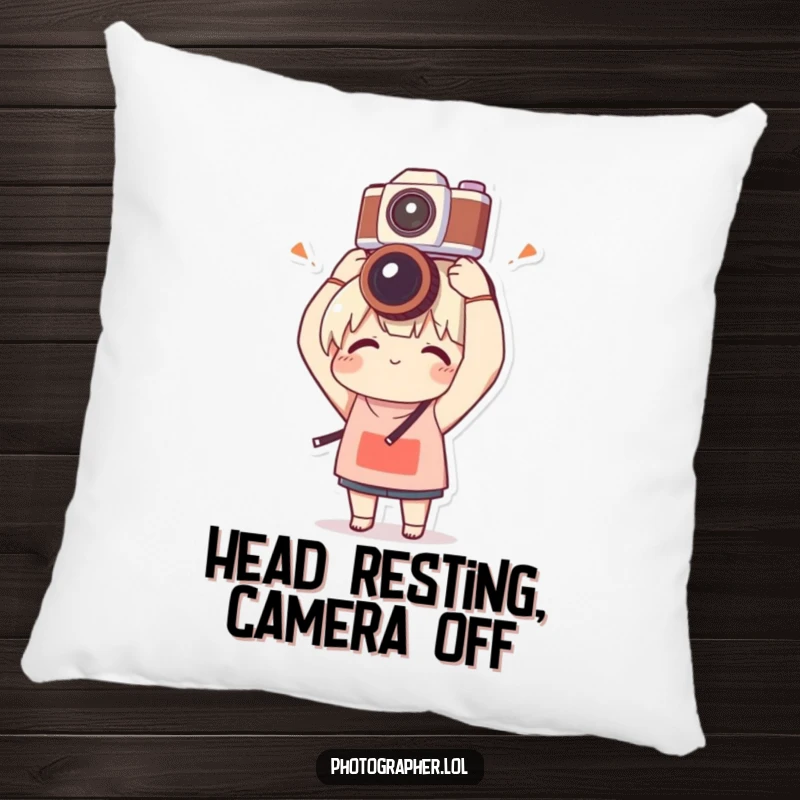 Funny pillow featuring a character hilariously balancing a camera on their head with clumsy delight, perfect for adding comfort and humor to any room.