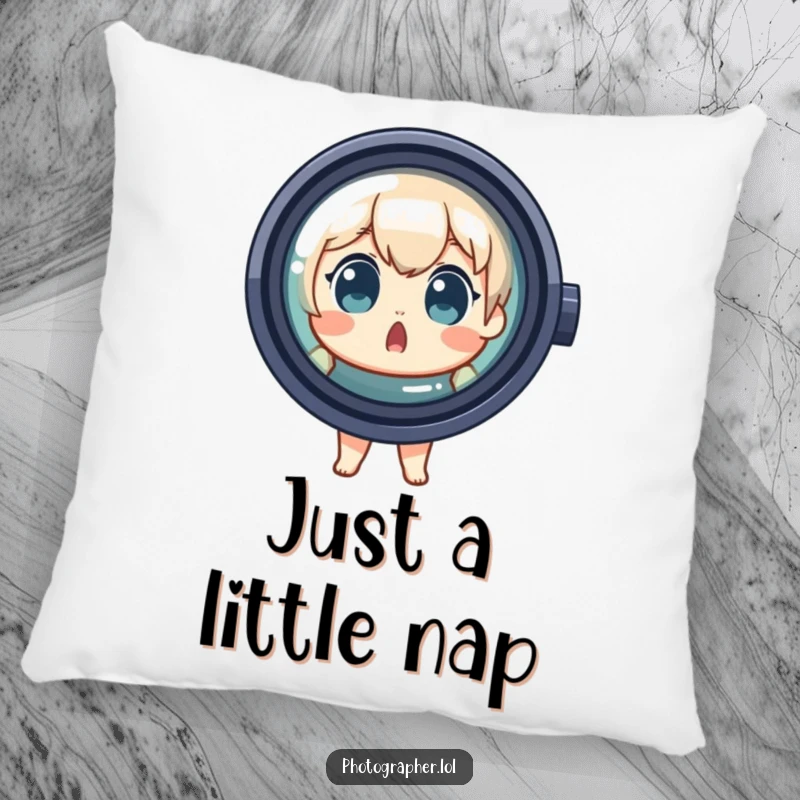 Funny Pillow with a surprised character peeking from behind a large lens, perfect for adding charm and humor.