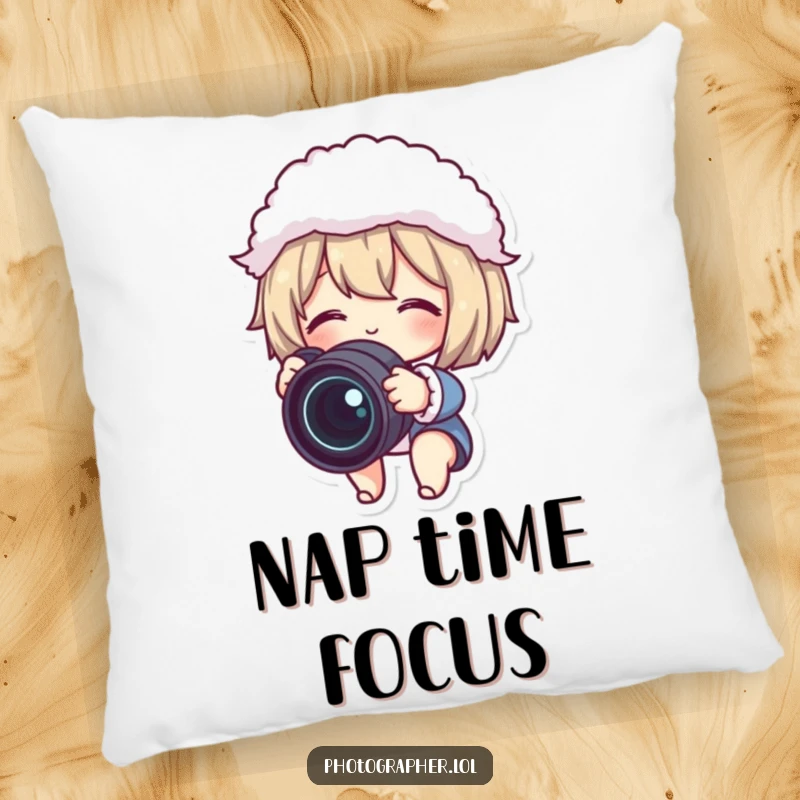 Funny pillow featuring a cute character gleefully adjusting a camera lens with a fluffy lens cap, offering humorous comfort for photographers.