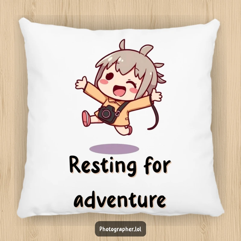 Funny kawaii pillow featuring an excited character jumping while holding a camera bag, adding cute decor.