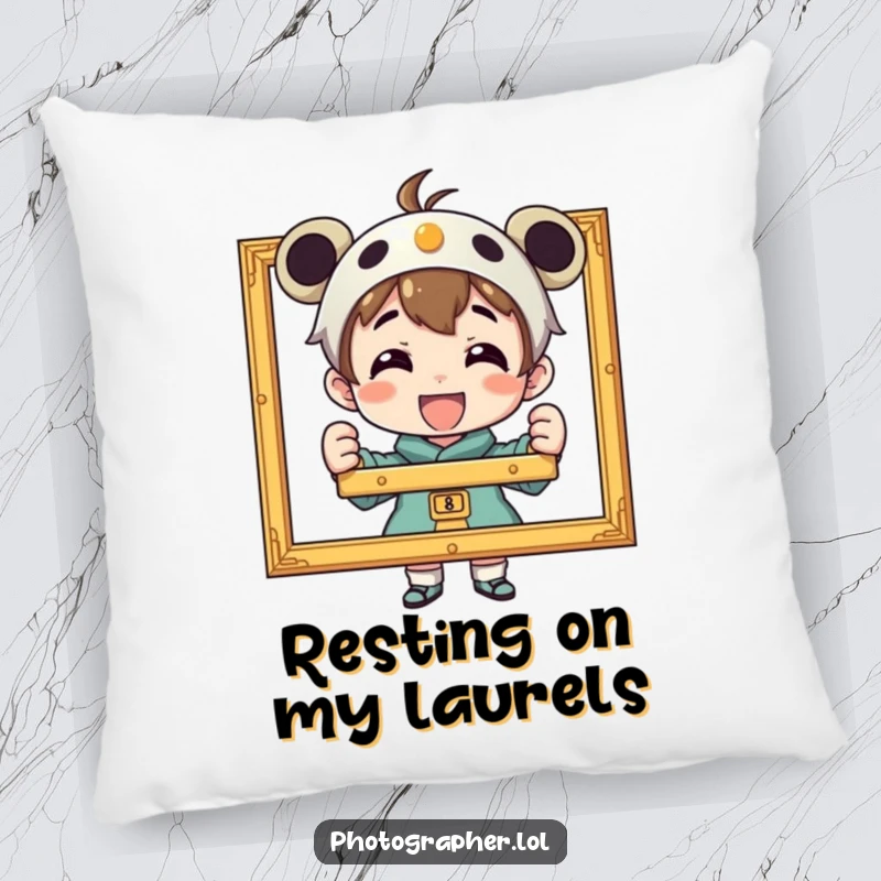 Funny pillow featuring a character beaming with pride, holding a framed photograph, adding comfort and artistic celebration.