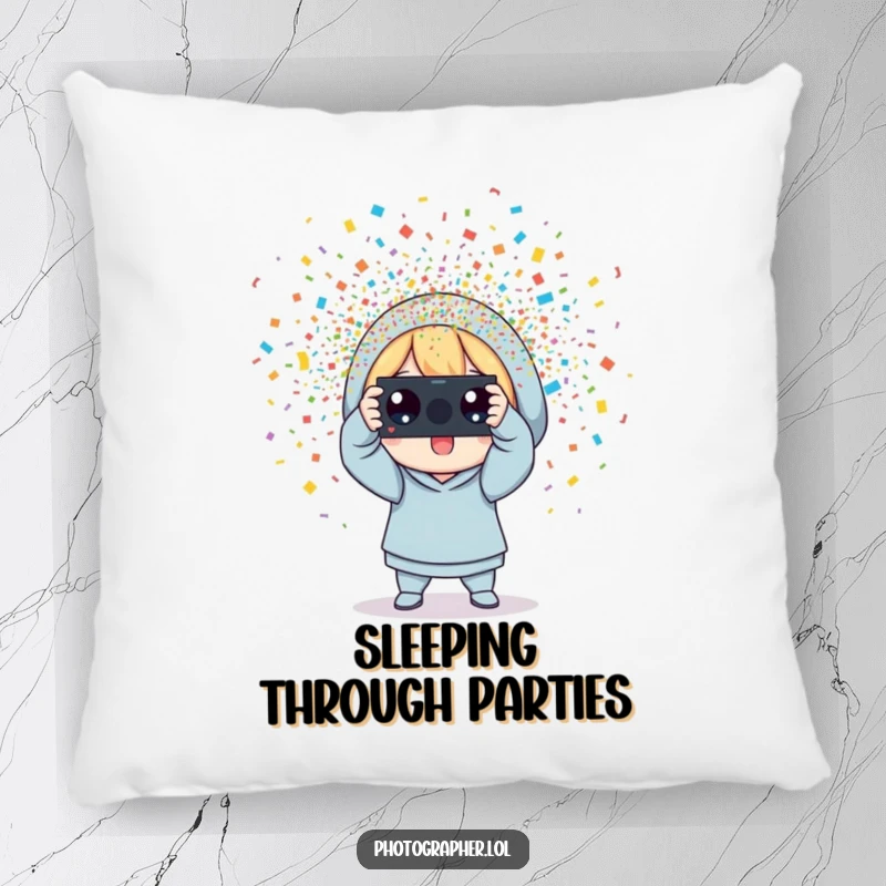 Funny photographer pillow, a character snapping a photo with colorful confetti erupting, adding comfort and celebratory humor.