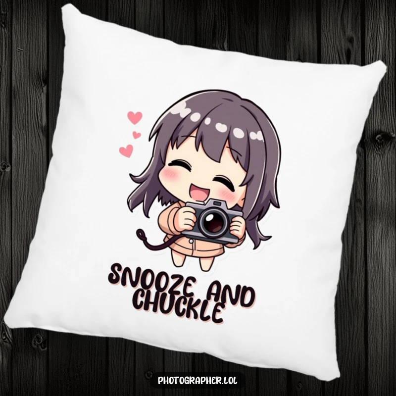 Funny pillow showing a character laughing while playfully tilting a camera, perfect for cozy and humorous home decor.