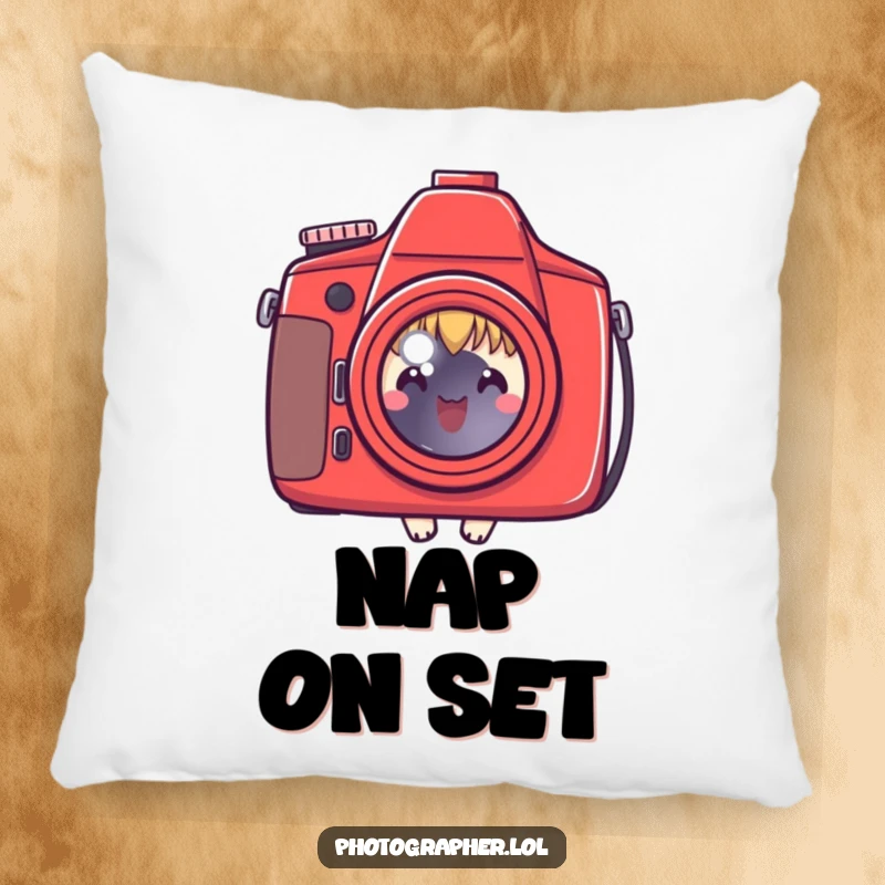 Funny pillow with a cute character peeking behind a red camera, comfortable and humorous for photo lovers, a great funny gift.