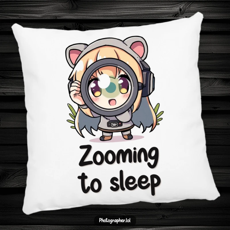 Funny pillow featuring a character zooming in with a comically exaggerated lens, soft and decorative.