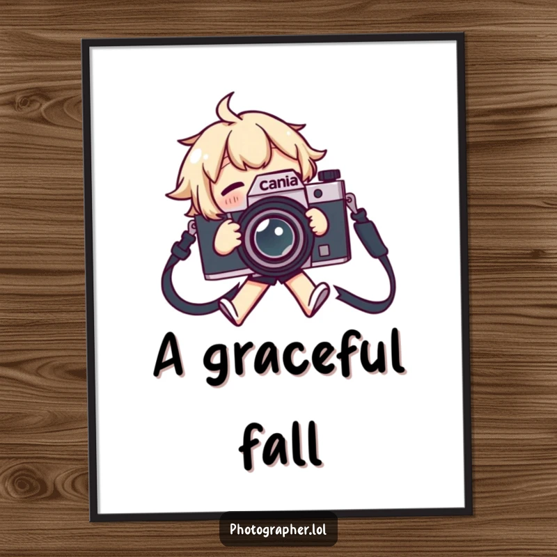 Funny digital art print of a character tripping over a camera strap, flailing comically, artistic mishap.