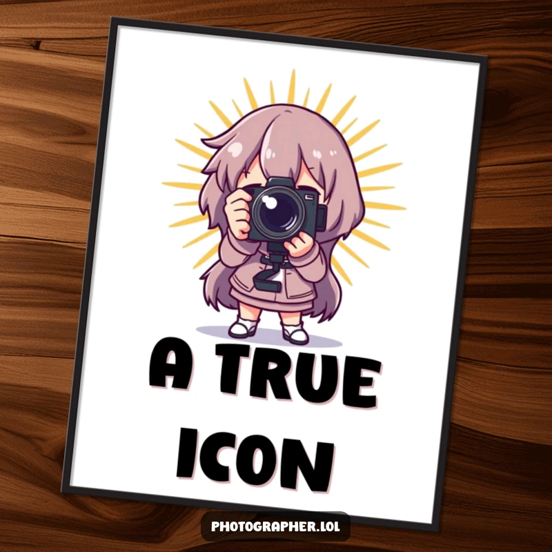 Funny photographer digital art print, a character posing dramatically with a camera and a starburst, perfect for download and dramatic decor.