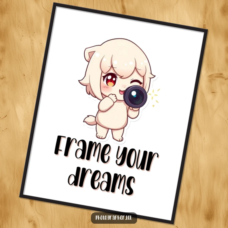 Funny Digital Art Print of a character winking and pointing a camera with a sparkling light trail, instant humorous decor for photographers.