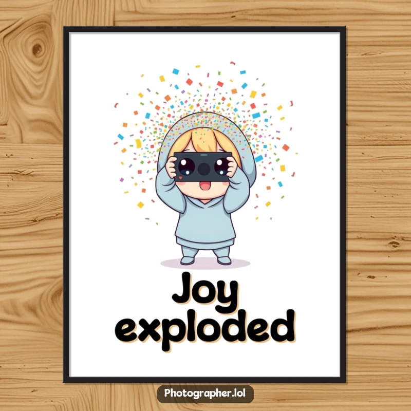 Funny photographer digital art print, a character snapping a photo with colorful confetti erupting, perfect for download and festive decor.