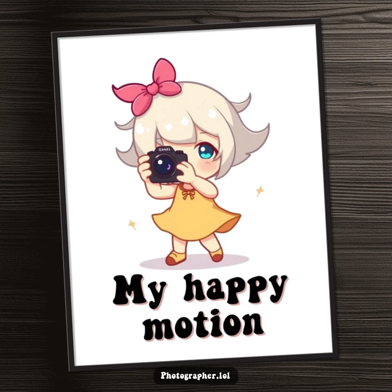 Funny digital art print of a character dancing with a camera, a happy blur of motion, humorous photography decor.