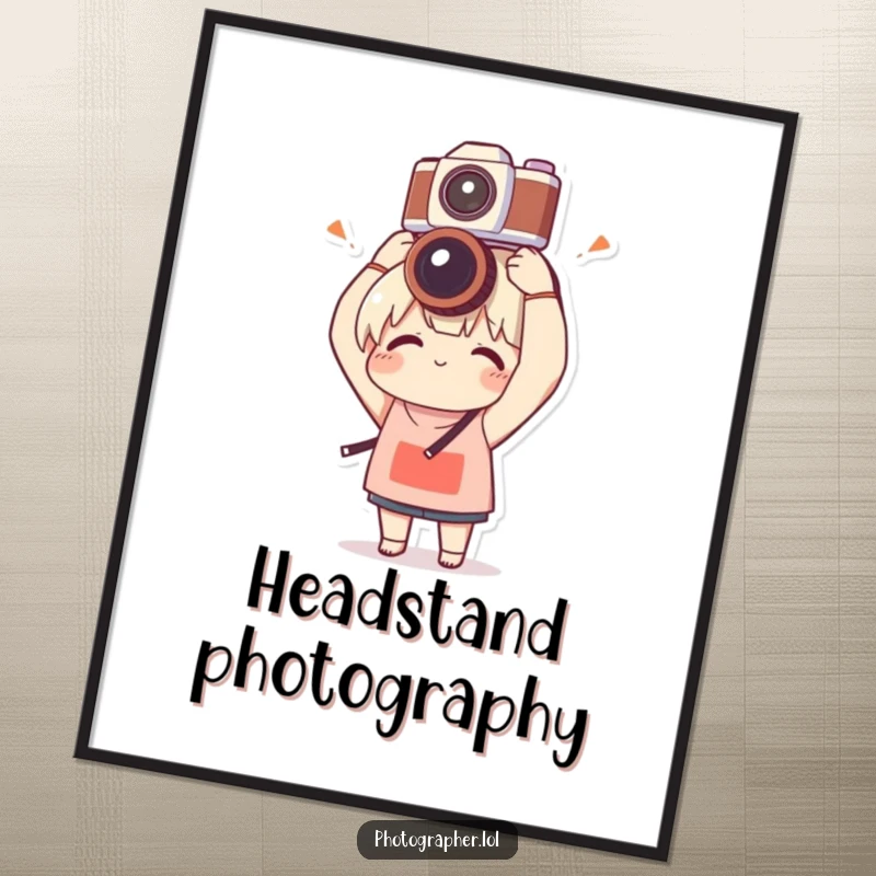 Funny digital art print of a character balancing a camera on their head with clumsy delight, bringing instant humor and charm to any wall.