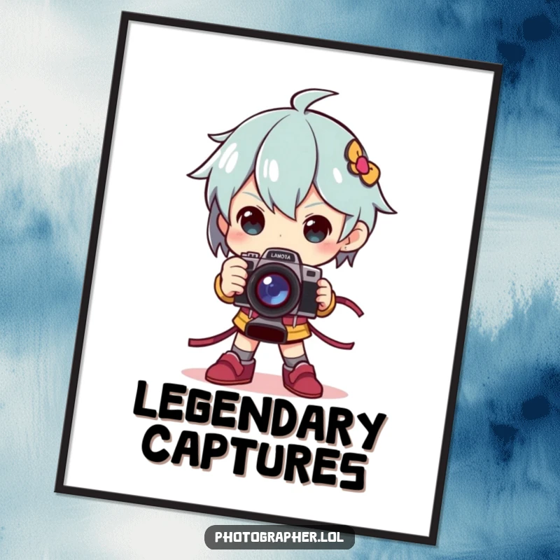 Funny digital art print of a character in a dramatic pose holding a camera like a trophy, for wall decor.