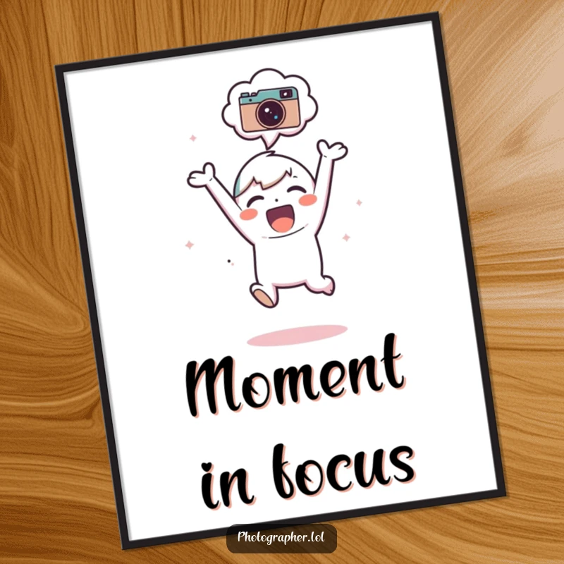 Funny Digital Art Print: An adorable character jumps joyfully, a camera icon visible in their thought bubble, bringing cheer.